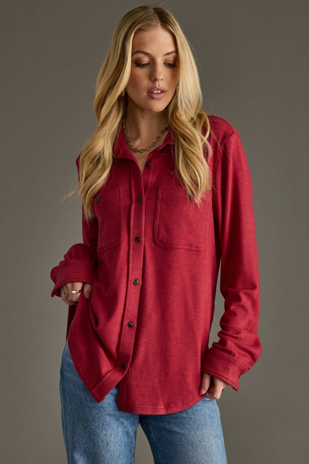 Soft Stretch Button Up, Heather Red