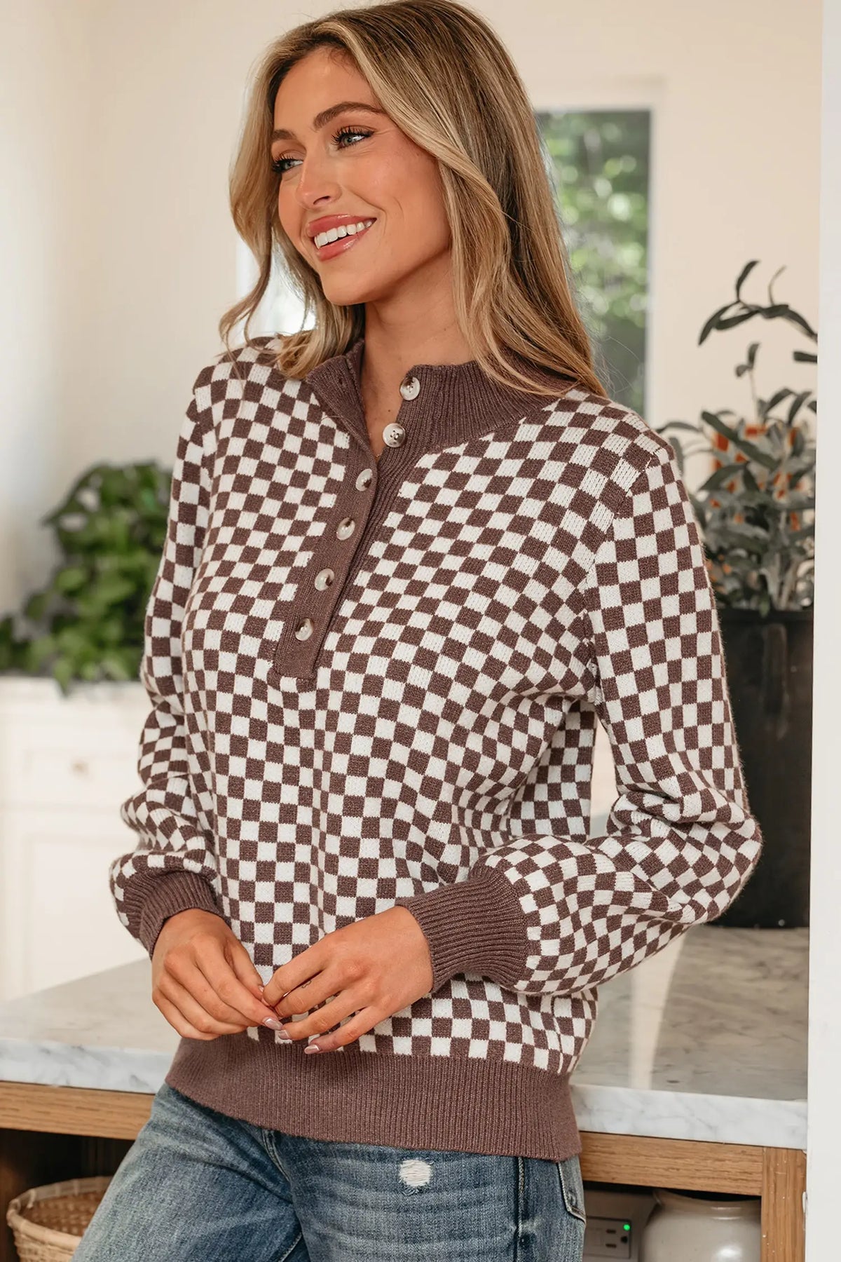 Brown Checkered Half Button Ribbed Trim Sweater